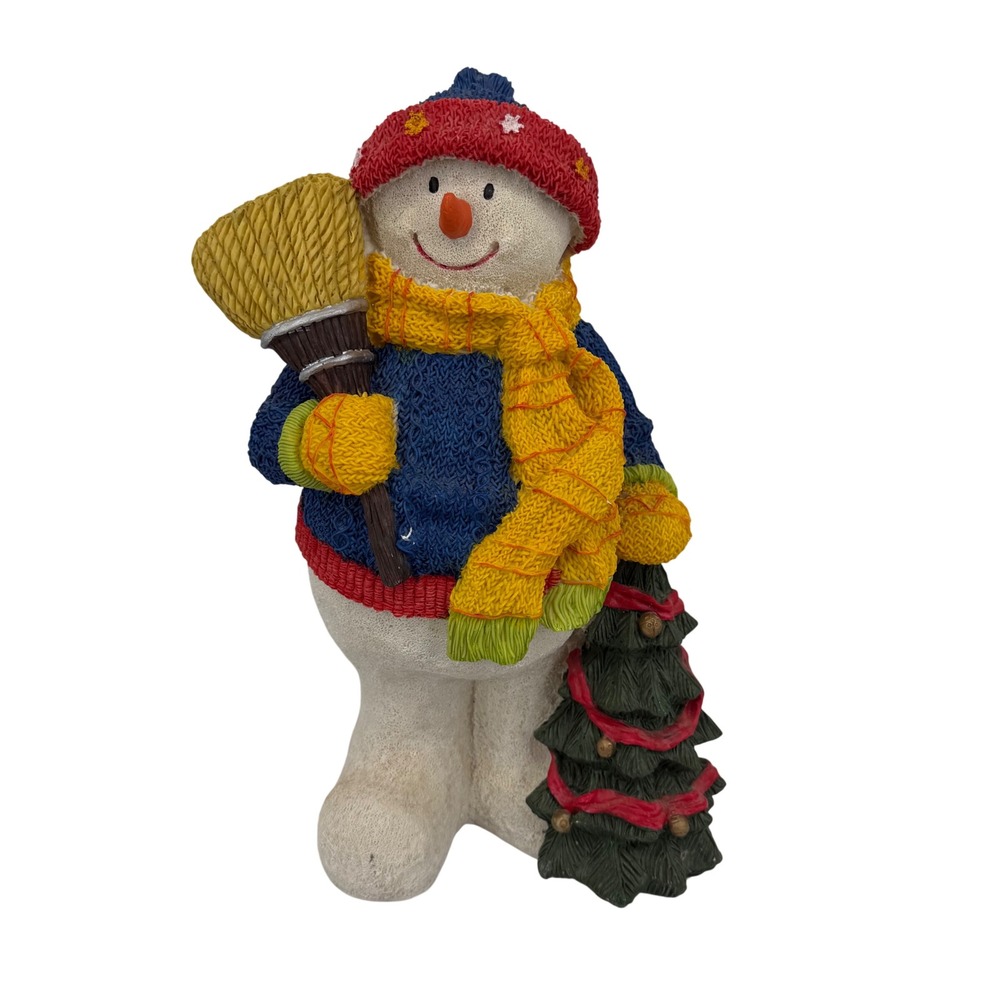Snowman Figurine 15in Blue Yellow Red Knit Texture Broom Factory Card Outlet